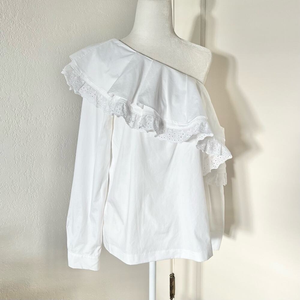 Club Monaco White One Shoulder Asymmetric Cotton Blouse